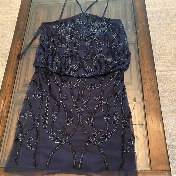Aidan Mattox Navy Beaded Tulle Halter Dress NWT Size 6 - Picture 13 of 16